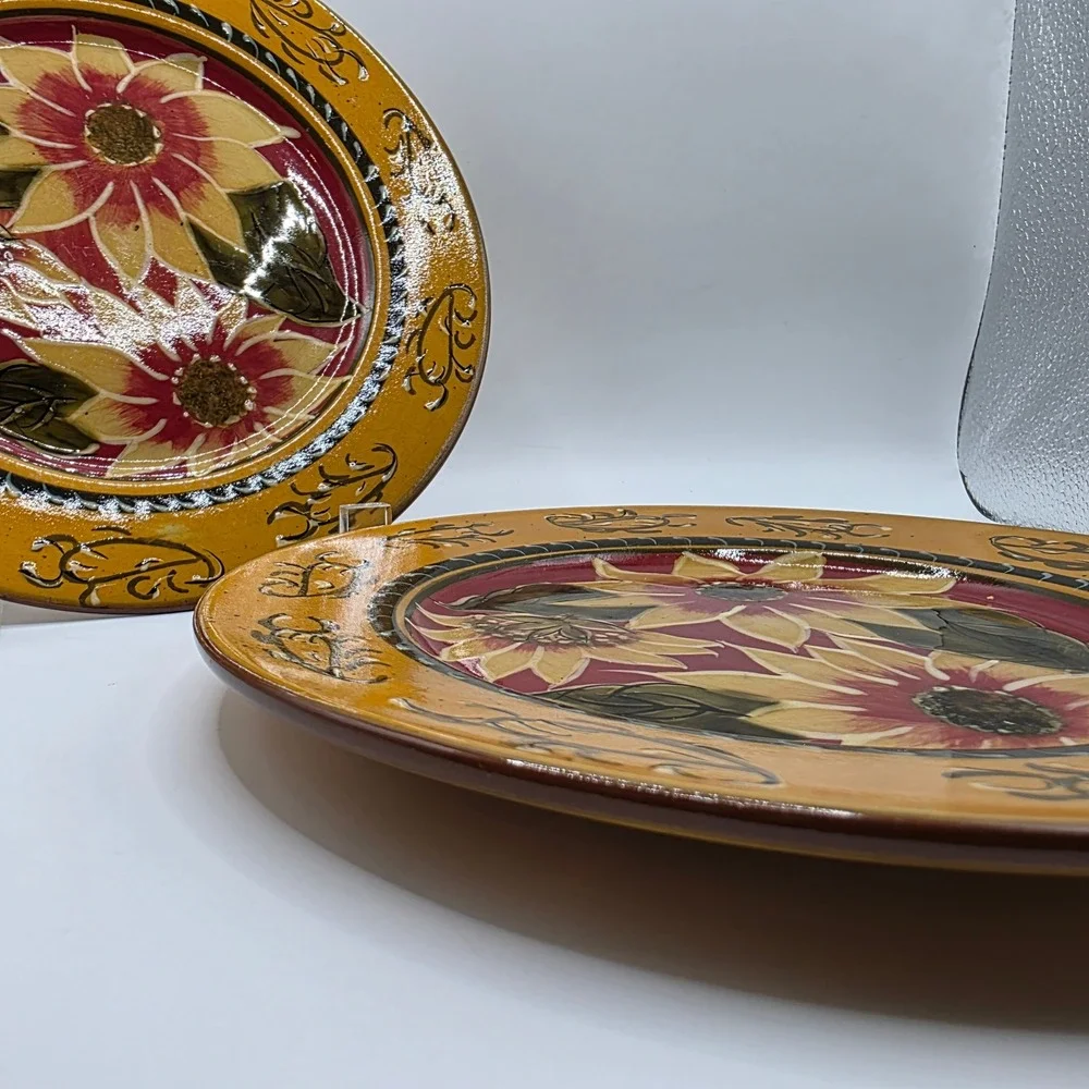Pier 1 Imports Sunflower Hand Painted Terracotta Salad Plates Set 2 Red Yellow